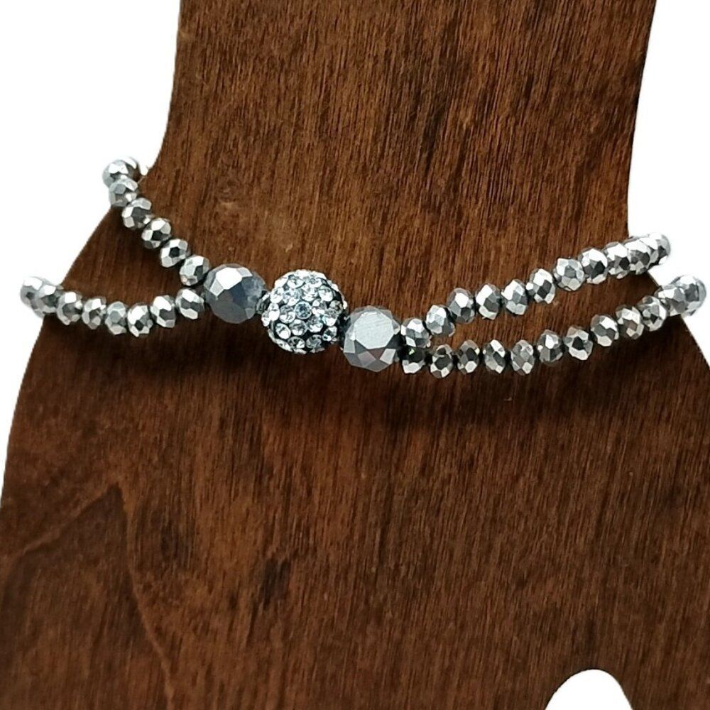 Liz Claiborne Silver Tone Double Strand Stretch Bracelet with Pave Crystal Bead